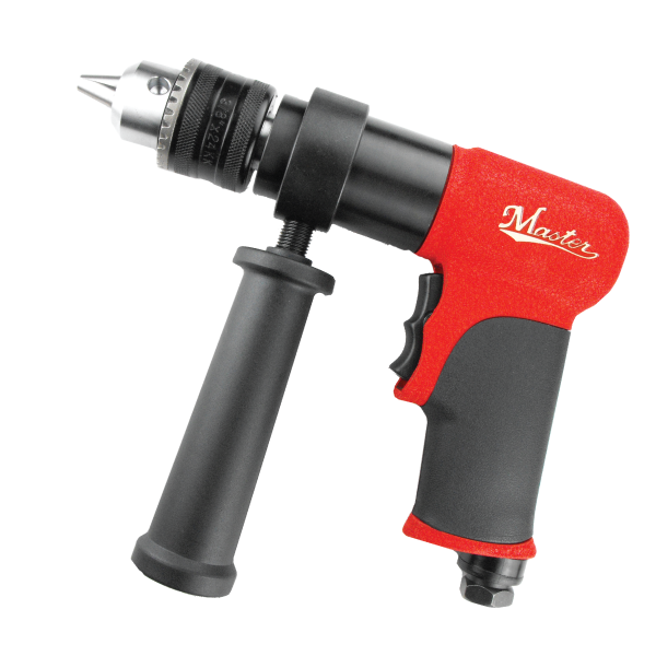 Industrial 1/2-inch Reversible Air Drill with Feather Trigger, Side Handle and Keyed Jacobs Chuck, 350RPM - 28550